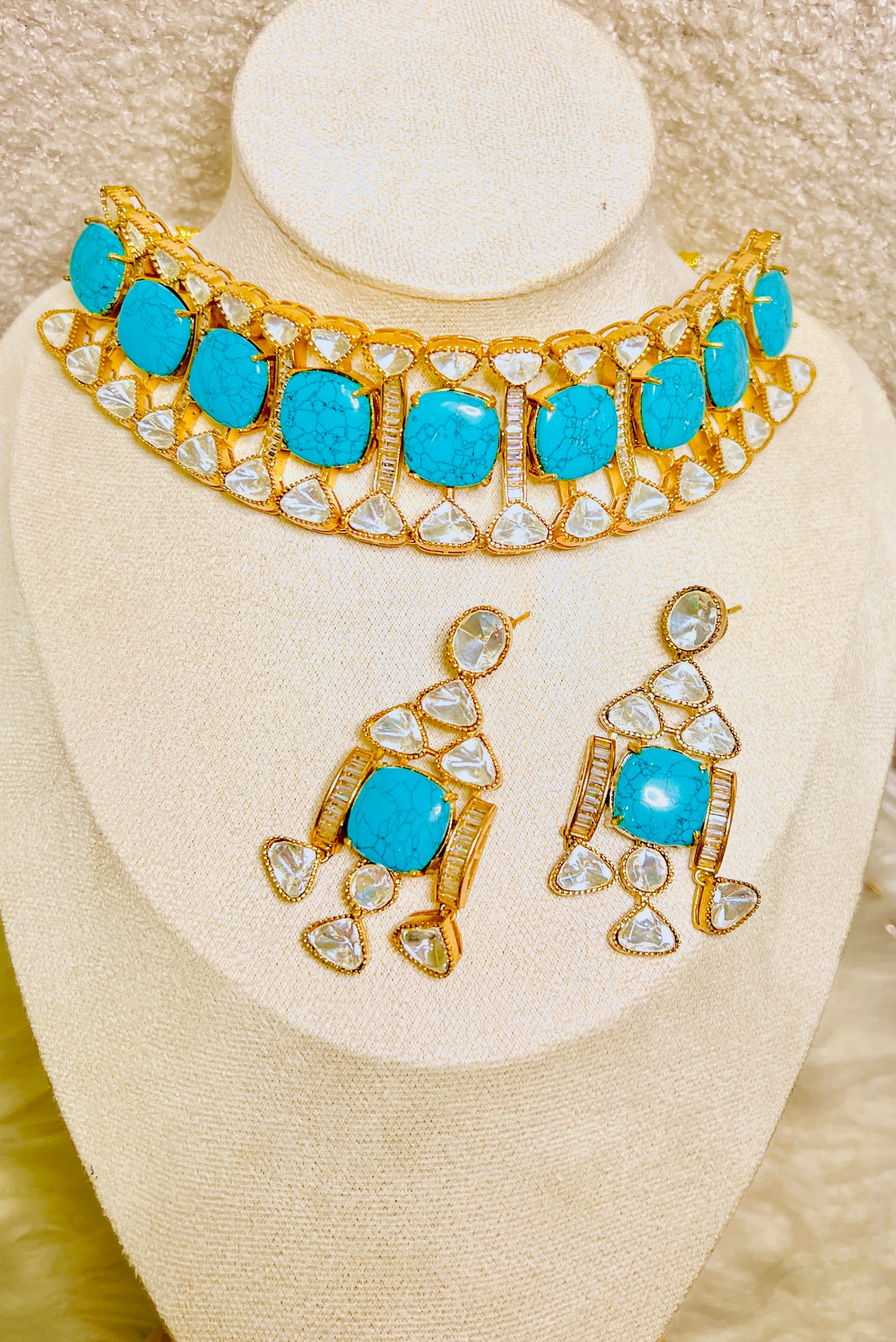 Semi Precious Firoza Stone with Moissanite Necklace