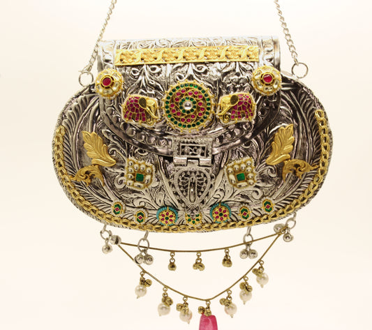 Royal Heritage Kundan & Meenakari Metal Clutch Bag