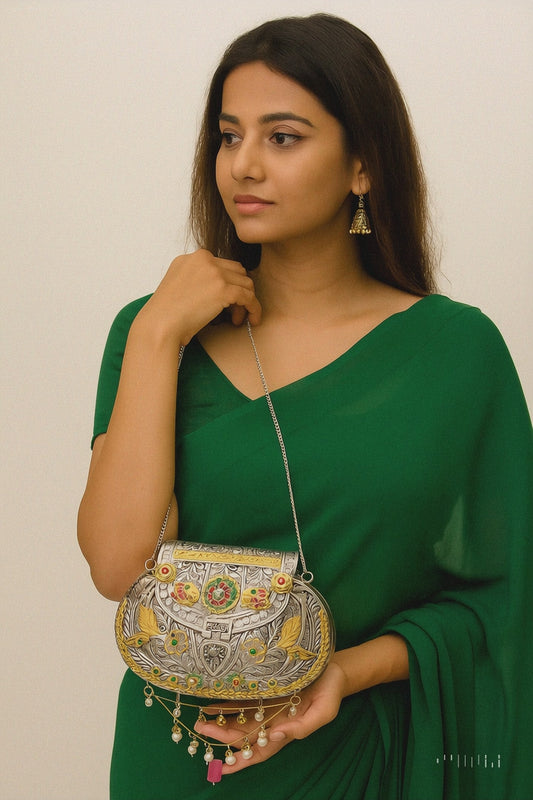 Royal Heritage Kundan & Meenakari Metal Clutch Bag