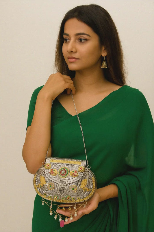 Regal Silver & Gold Handcrafted Embellished Handbag